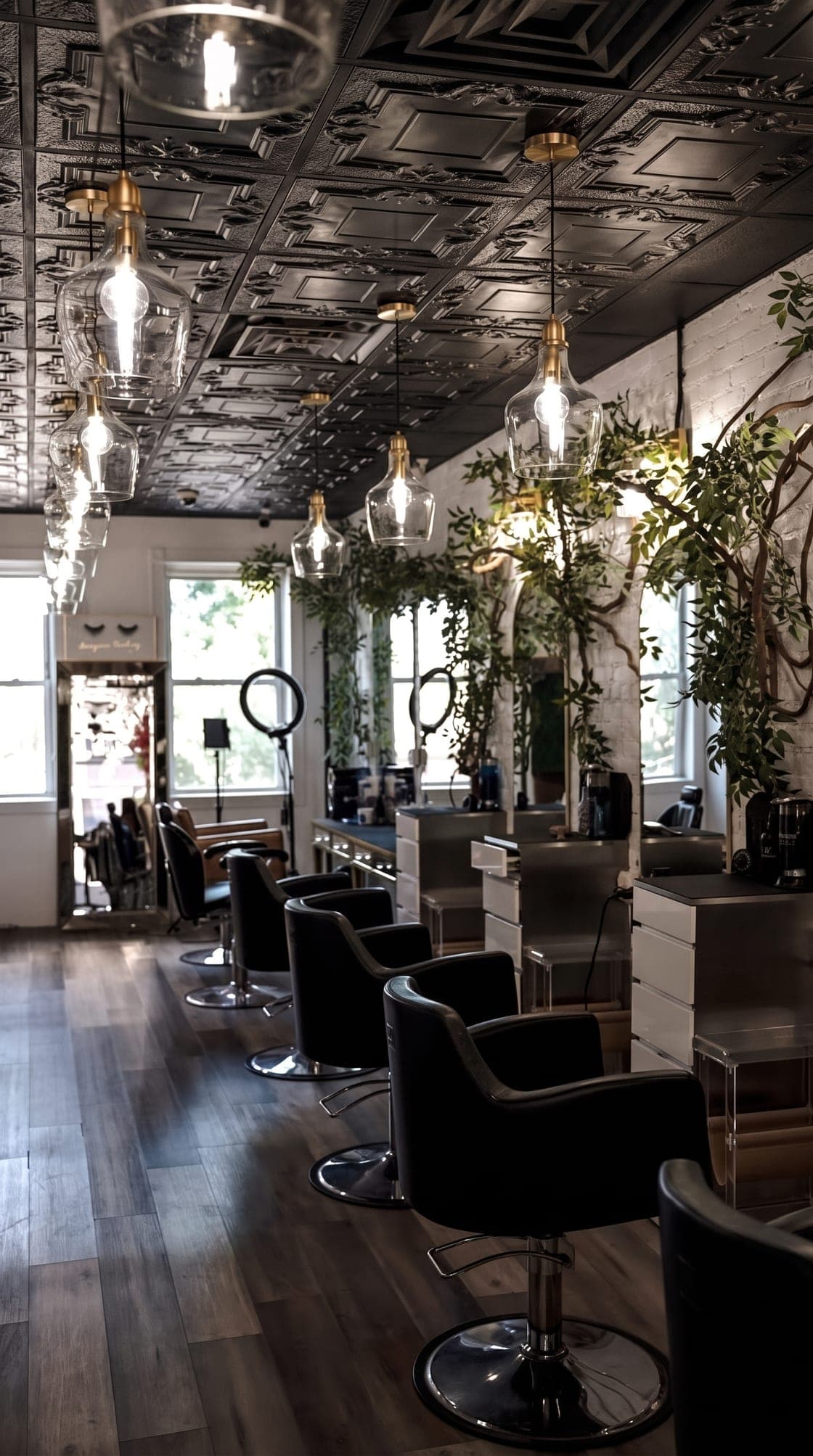Inside House of Excellence 201, a warm, plant-filled salon with a pressed-tin ceiling