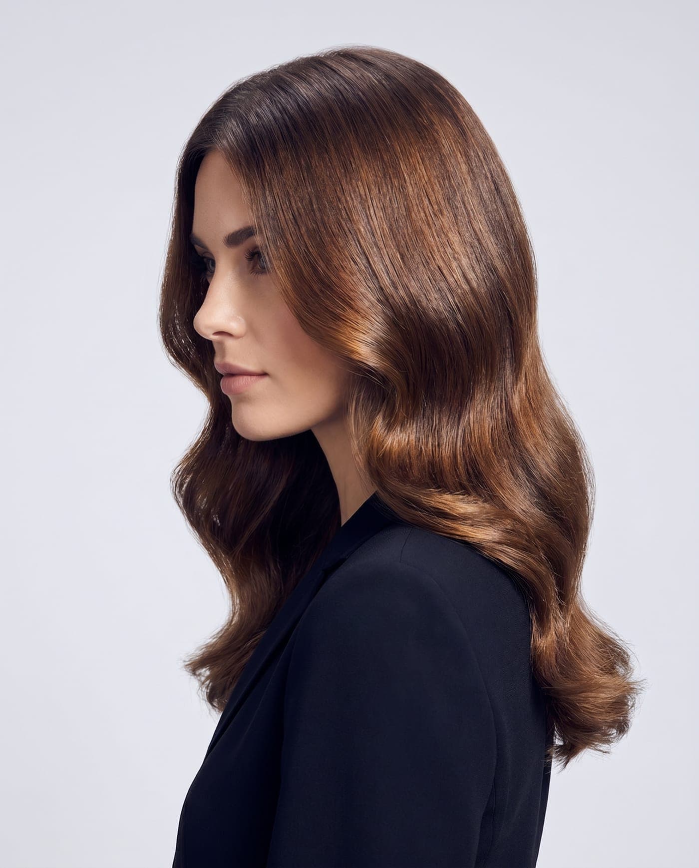 Sleek, glossy waves — a studio hair-campaign portrait